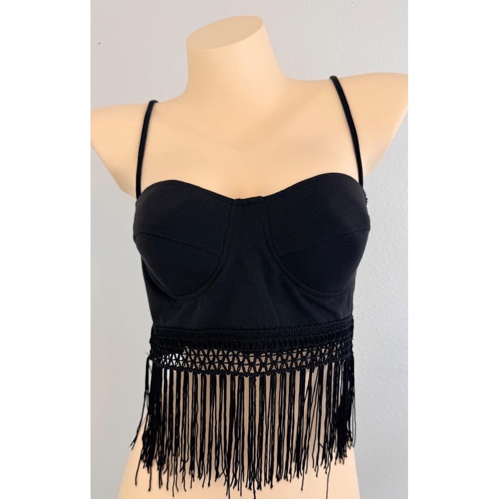 Westerncore Tower Black Fringe Bustier Crop Top Cami L Cotton Spandex USA Made